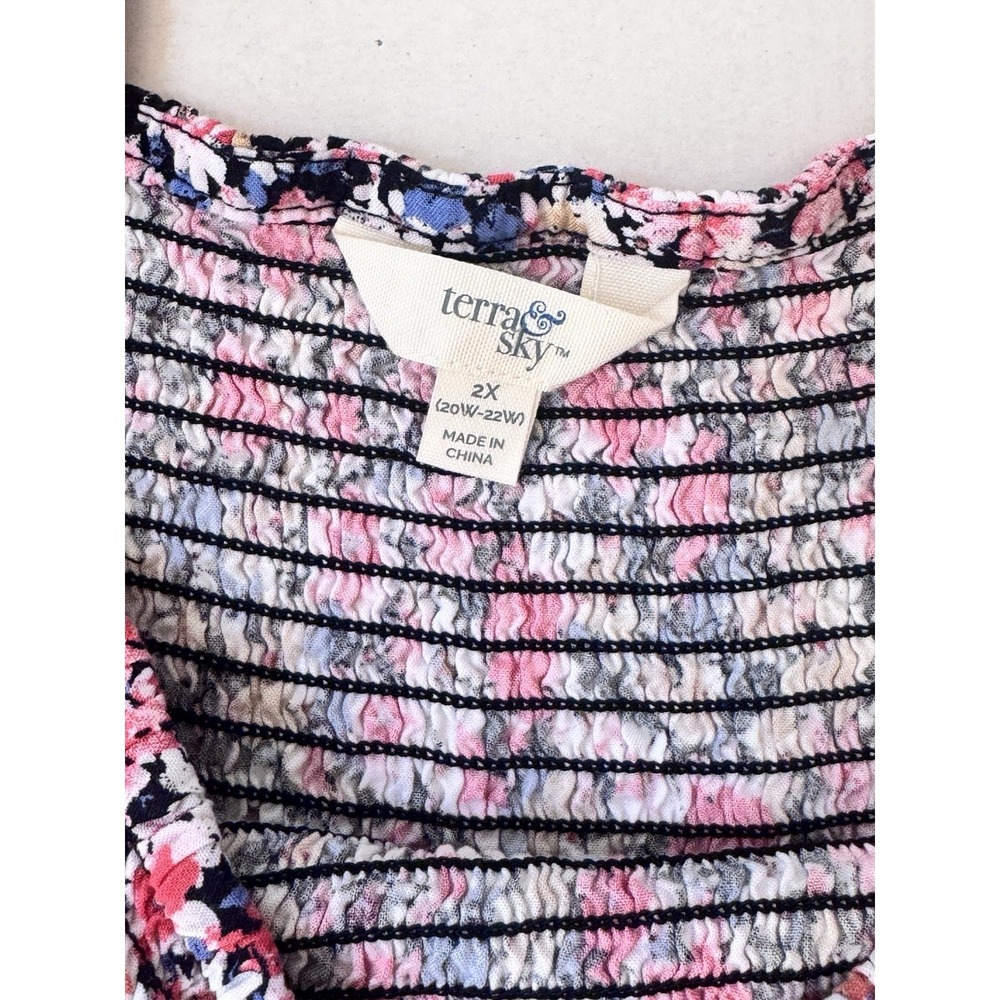 Terra & Sky Floral Smocked Mini Dress Womens 2x Square Neck 3/4 Sleeve - Picture 5 of 13